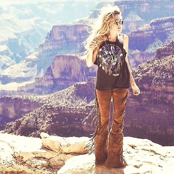 SHORT LENGTH High Waisted Fringe Bellbottoms in GOLDEN BROWN TIE DYE XS S M L XL - Picture 4 of 11